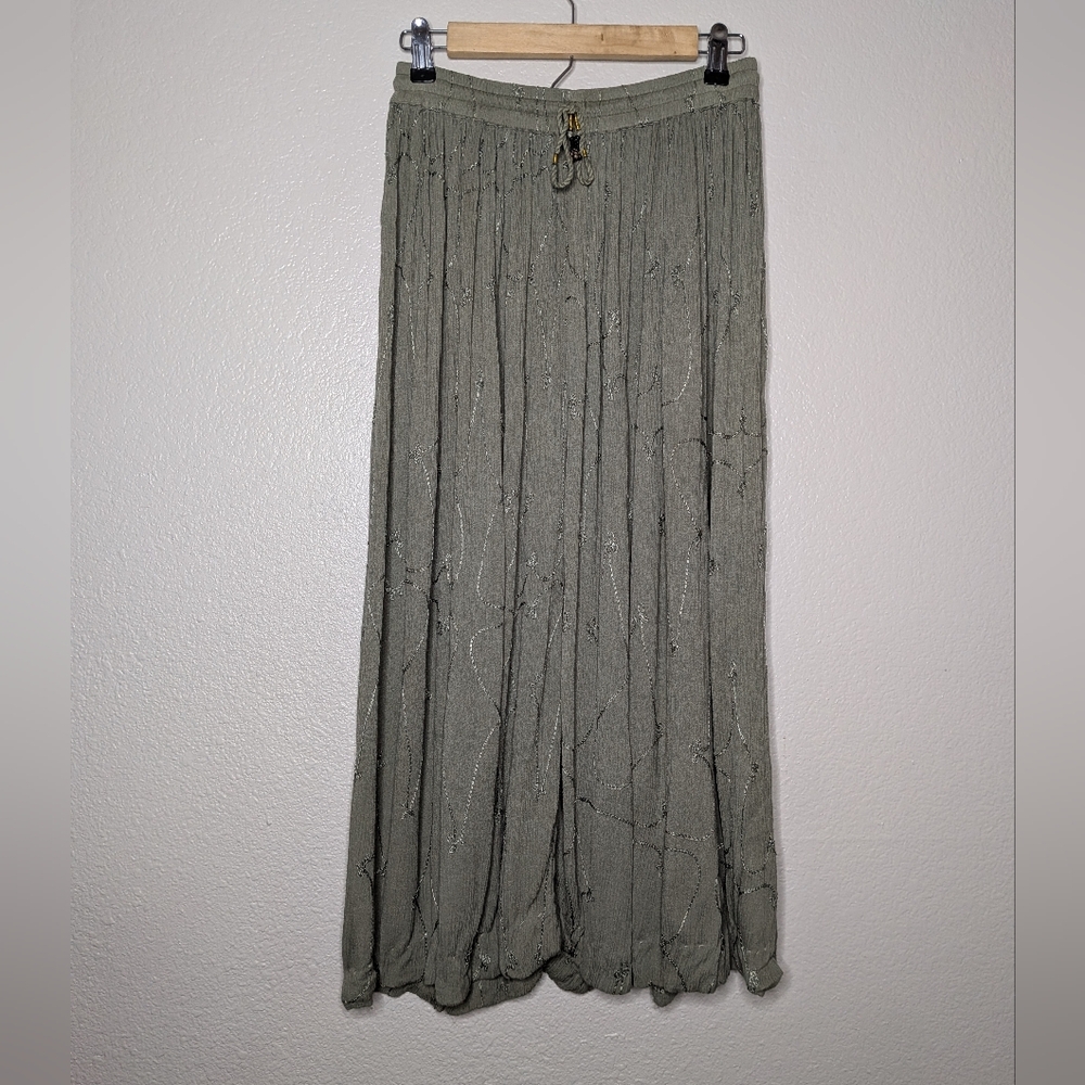 Just Class Olive Green Hippie Naturecore Fairy Grunge Embroidered Midi Skirt M